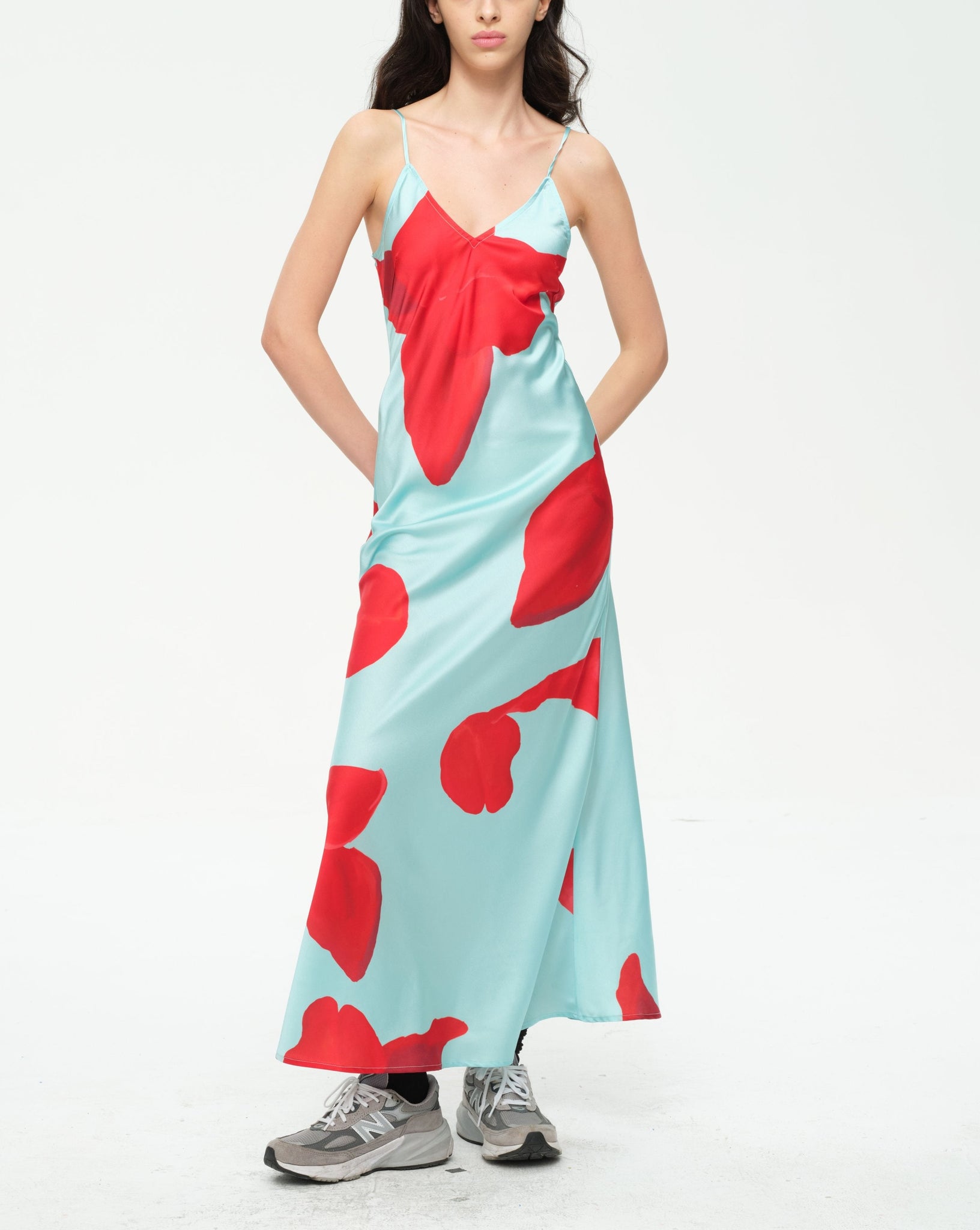 Scarlet Sage Blue Rose Petal Satin Maxi Dress