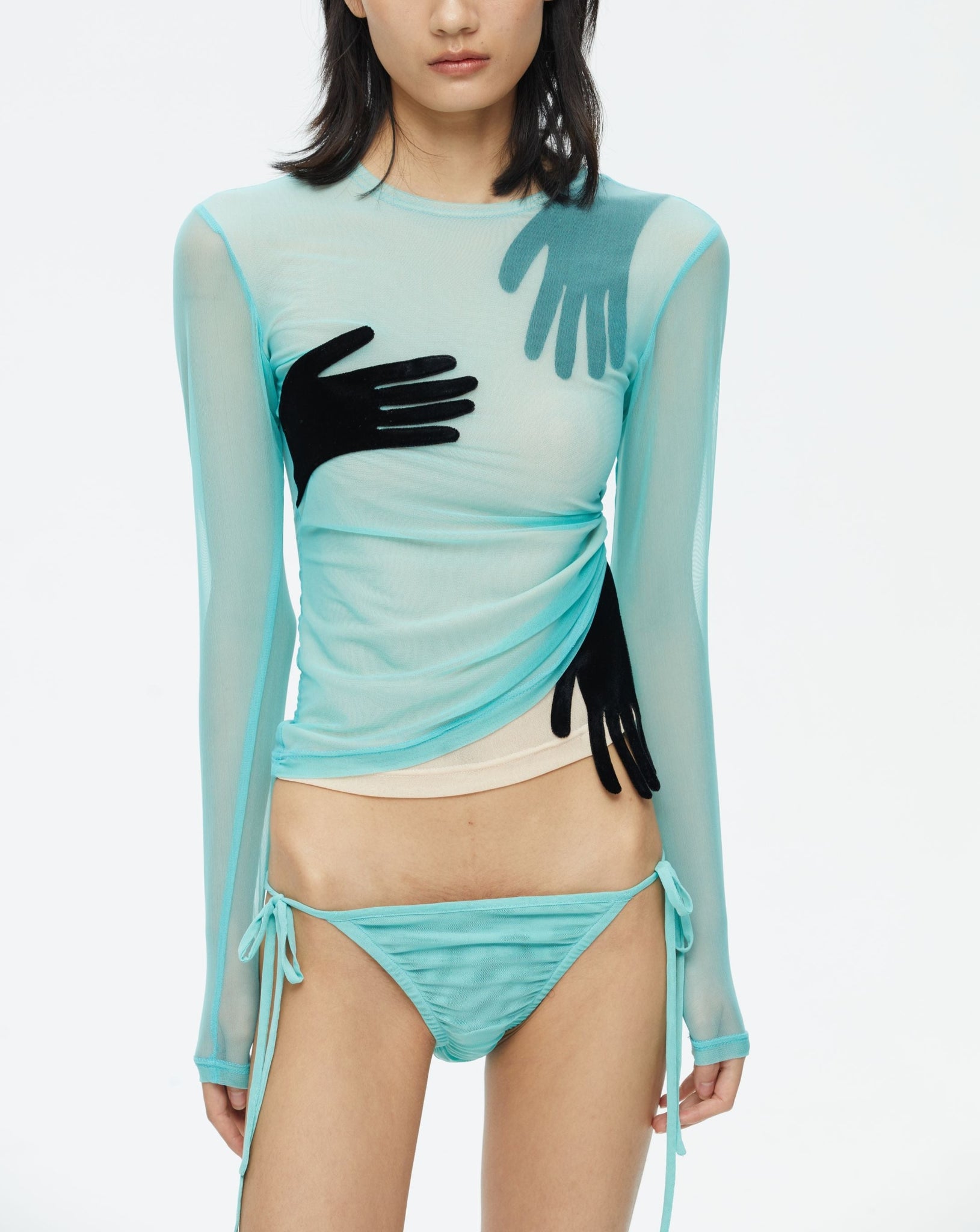 SCARLET SAGE THREE-HAND BLUE DOUBLE-LAYER MESH TOP