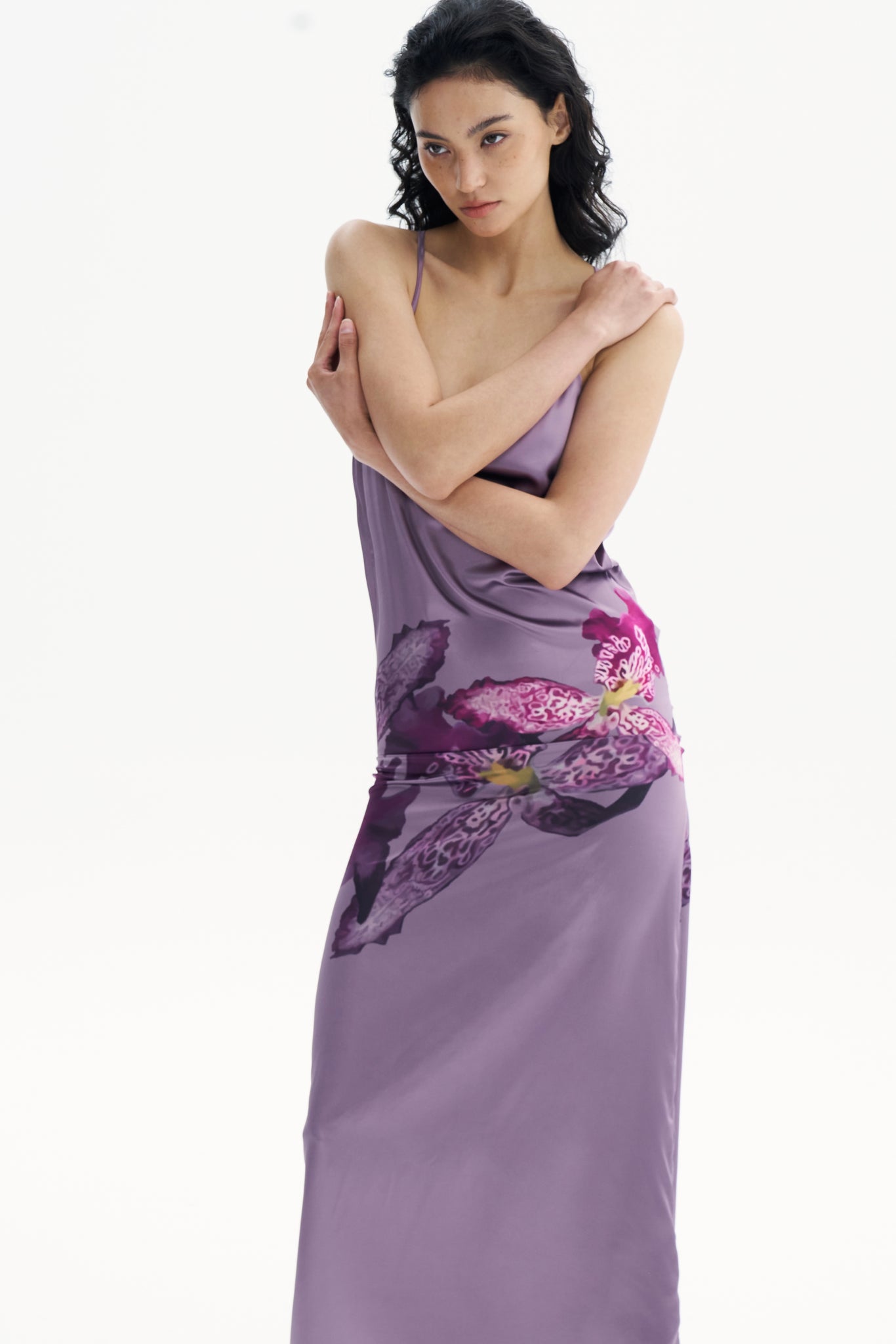 Lilac Satin Shawl Back Orchid Dress