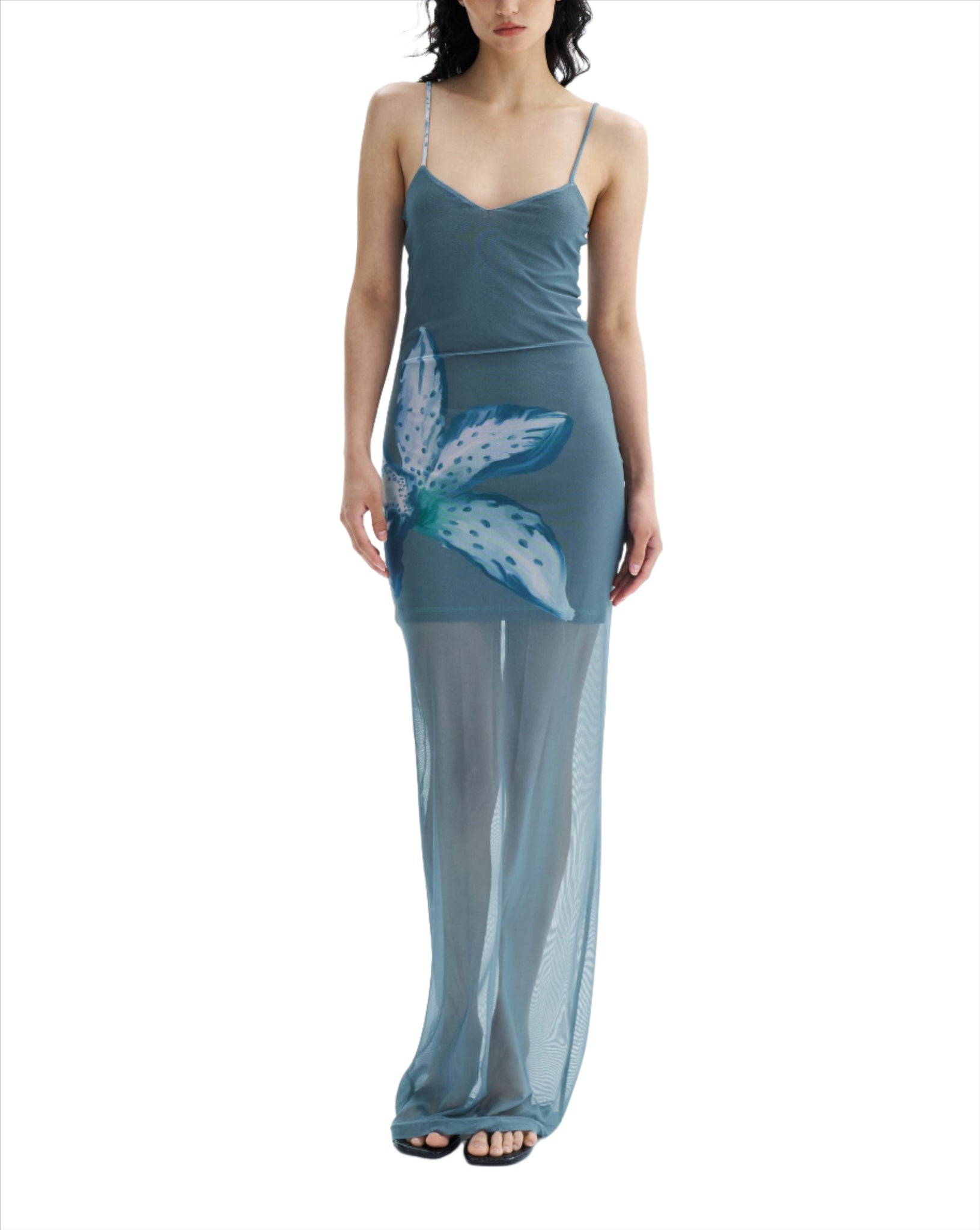 Blue Floor Length Orchid Mesh Dress
